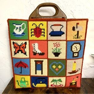 Vintage 70s Needlepoint Cross Stitch Tote Bag - Bright Colors, Cottagecore